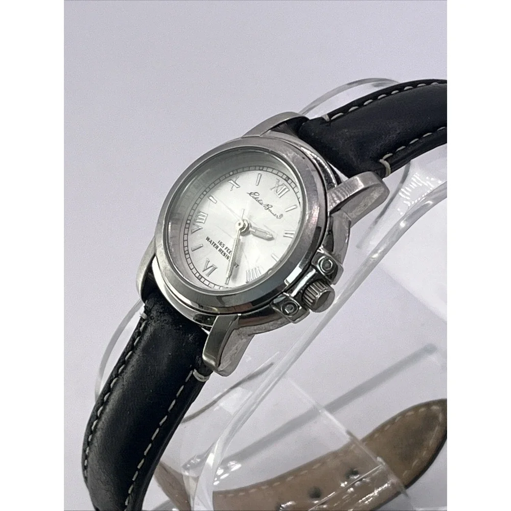 Eddie Bauer Women's Quartz Watch Black Leather Band‎ 28mm Case- New Battery
